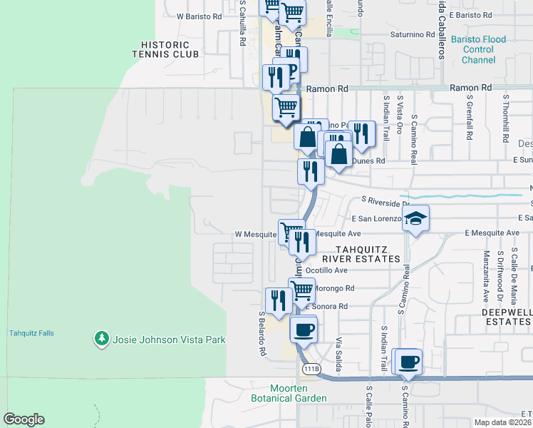 map of restaurants, bars, coffee shops, grocery stores, and more near South Belardo Road in Palm Springs