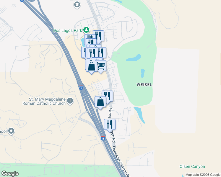 map of restaurants, bars, coffee shops, grocery stores, and more near 4585 Temescal Canyon Road in Corona