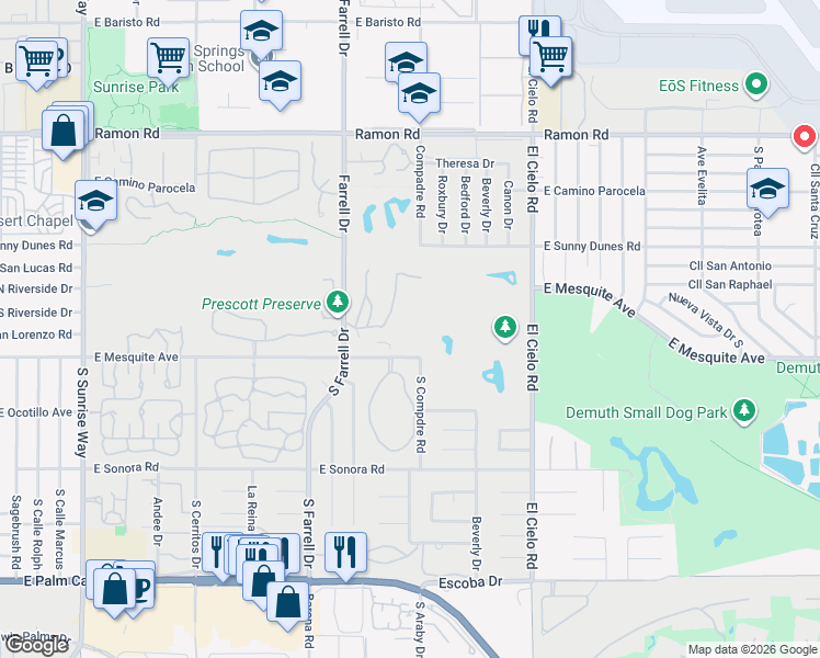 map of restaurants, bars, coffee shops, grocery stores, and more near 2700 East Mesquite Avenue in Palm Springs