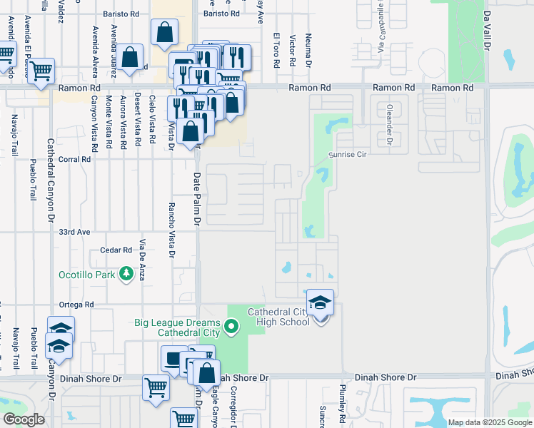 map of restaurants, bars, coffee shops, grocery stores, and more near 1035 Vía Grande in Cathedral City