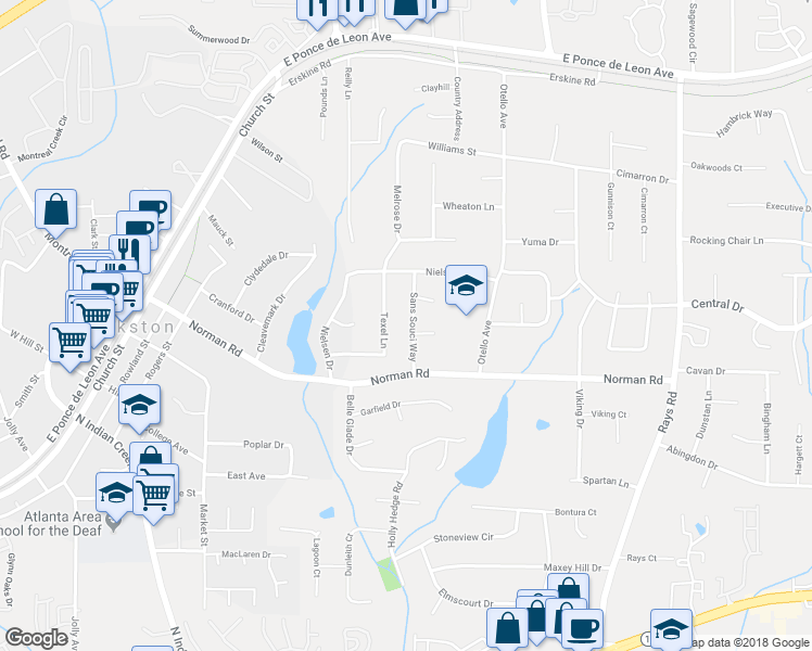 map of restaurants, bars, coffee shops, grocery stores, and more near 1046 Sans Souci Way in Clarkston