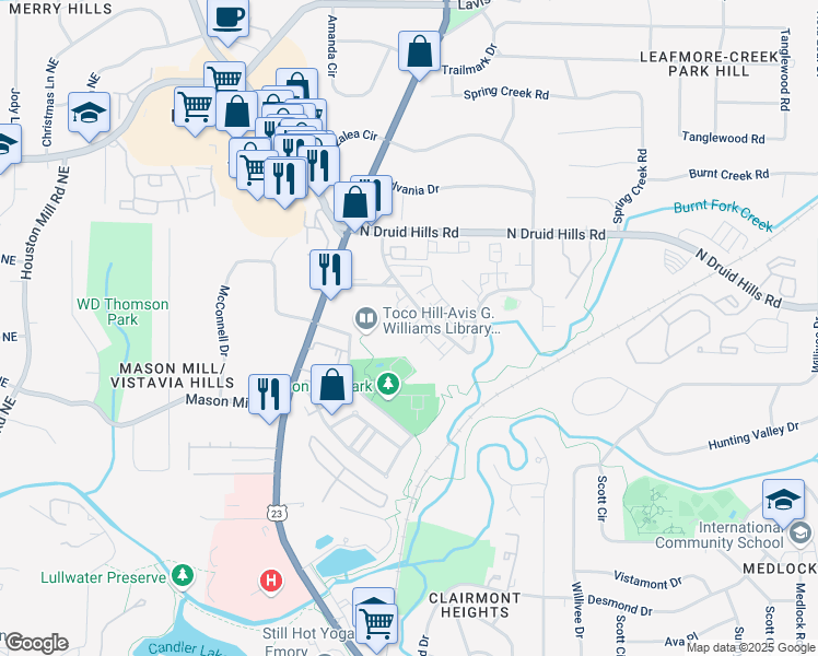map of restaurants, bars, coffee shops, grocery stores, and more near 1098 Central Park Road in Decatur