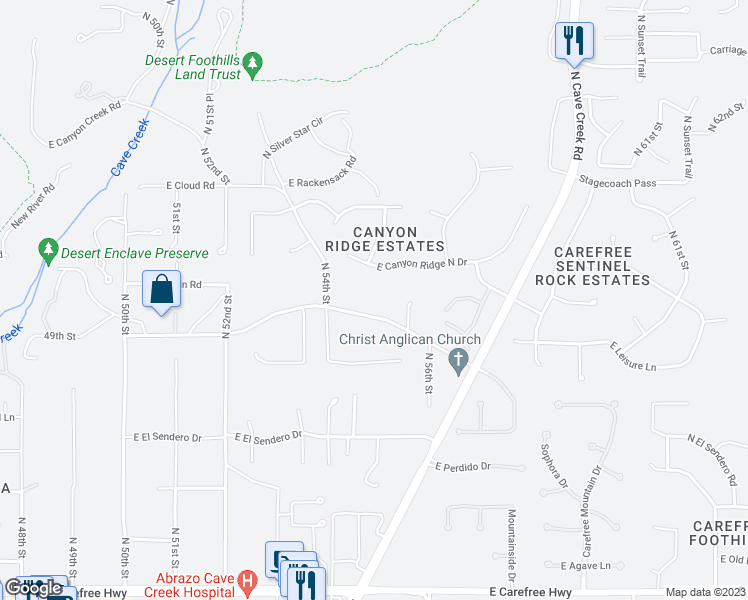 map of restaurants, bars, coffee shops, grocery stores, and more near 5525 East Canyon Ridge North Drive in Cave Creek