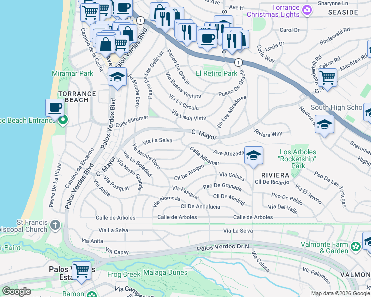 map of restaurants, bars, coffee shops, grocery stores, and more near 641 Vía Los Miradores in Redondo Beach