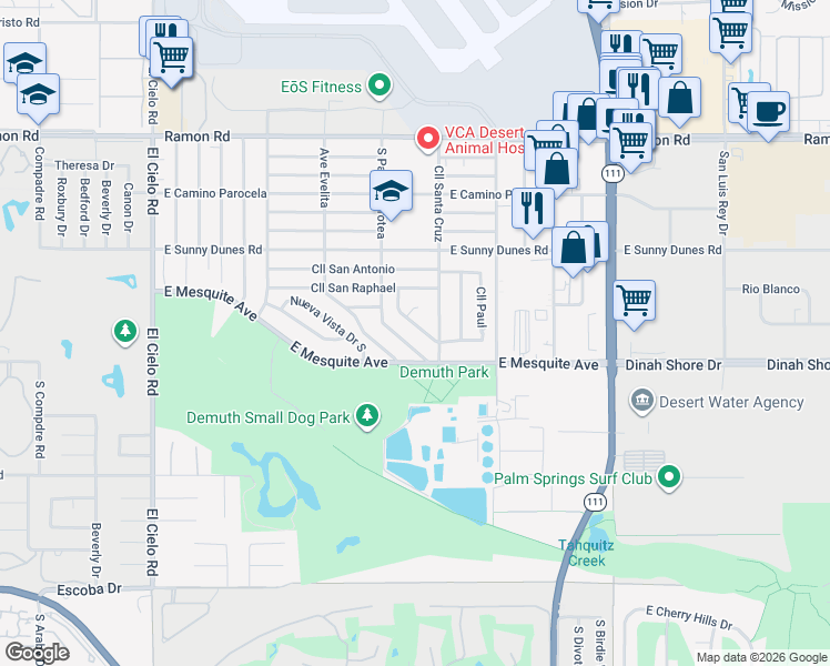 map of restaurants, bars, coffee shops, grocery stores, and more near 963 South Pso Caroleta in Palm Springs
