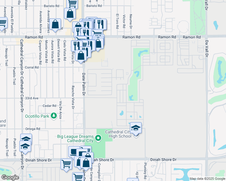 map of restaurants, bars, coffee shops, grocery stores, and more near 1035 Vía Grande in Cathedral City