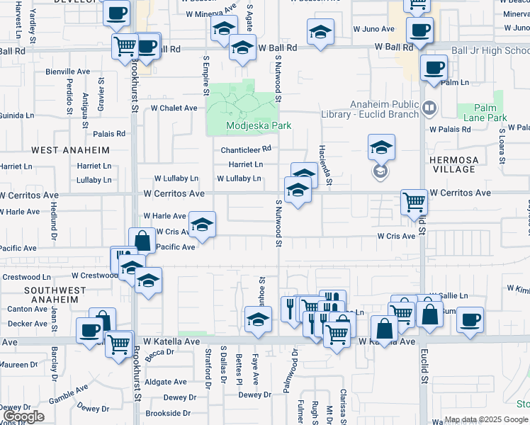 map of restaurants, bars, coffee shops, grocery stores, and more near 1916 West Harle Avenue in Anaheim