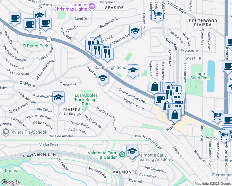 map of restaurants, bars, coffee shops, grocery stores, and more near 4811 Highgrove Avenue in Torrance