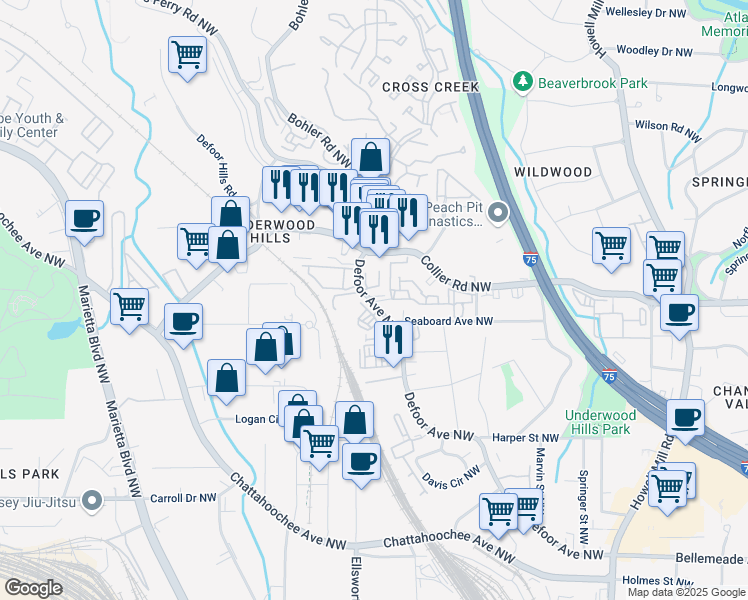map of restaurants, bars, coffee shops, grocery stores, and more near 1997 Defoor Avenue Northwest in Atlanta