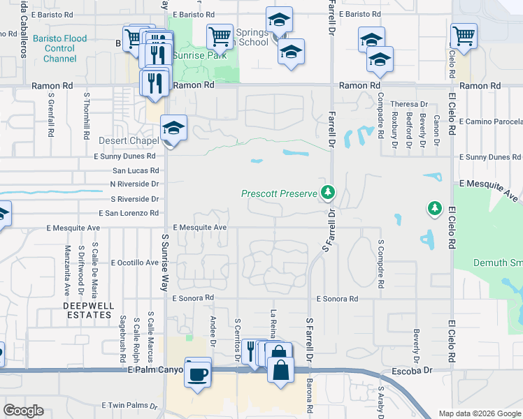 map of restaurants, bars, coffee shops, grocery stores, and more near 2202 Casitas Way in Palm Springs