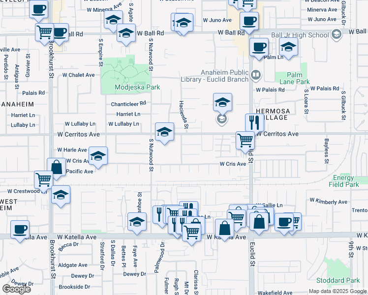 map of restaurants, bars, coffee shops, grocery stores, and more near 1830 West Bernardy Place in Anaheim