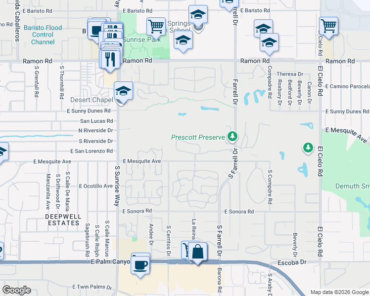 map of restaurants, bars, coffee shops, grocery stores, and more near 2202 Casitas Way in Palm Springs