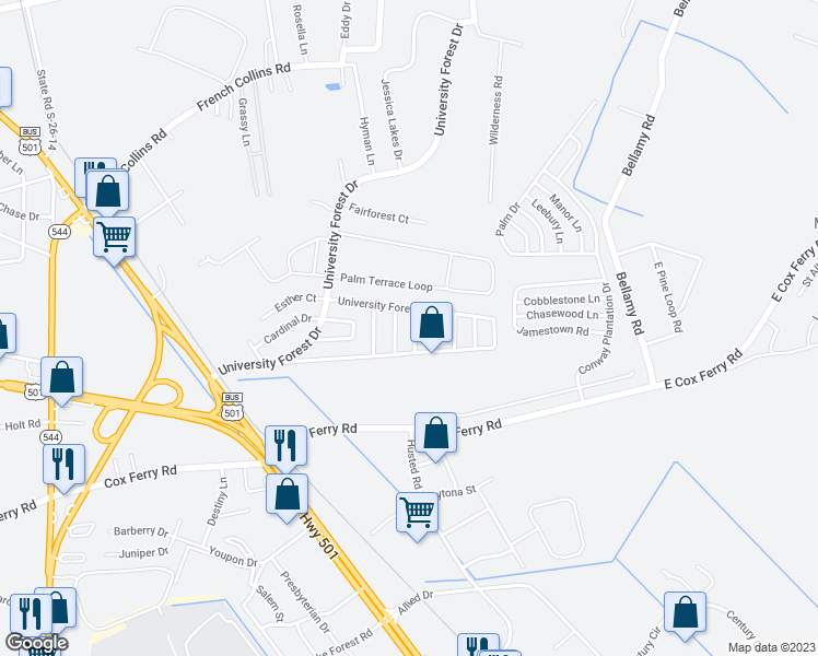 map of restaurants, bars, coffee shops, grocery stores, and more near 726 Brook Lane in Conway