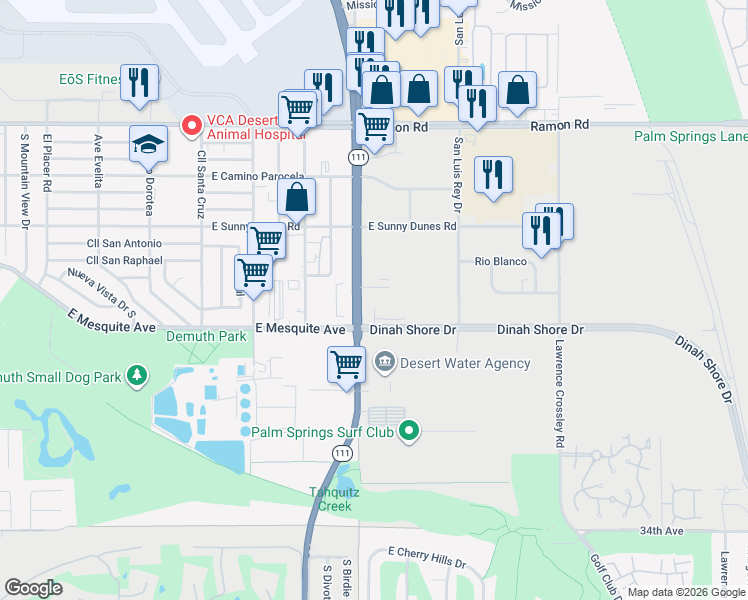 map of restaurants, bars, coffee shops, grocery stores, and more near 5005 Calle San Raphael in Palm Springs
