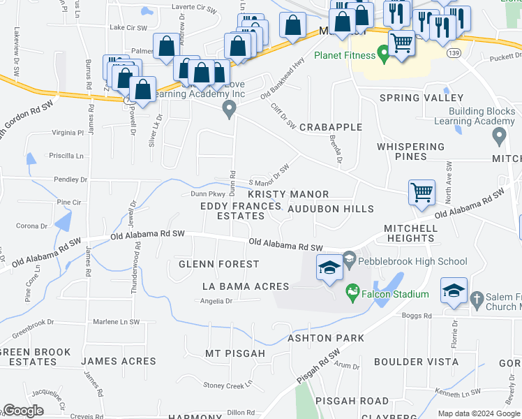 map of restaurants, bars, coffee shops, grocery stores, and more near 1035 Bettina Court in Mableton