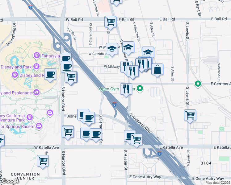 map of restaurants, bars, coffee shops, grocery stores, and more near 1503 West Cara Drive in Anaheim