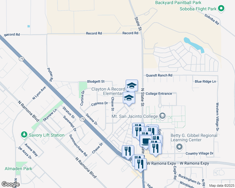 map of restaurants, bars, coffee shops, grocery stores, and more near 945 Newport Drive in San Jacinto