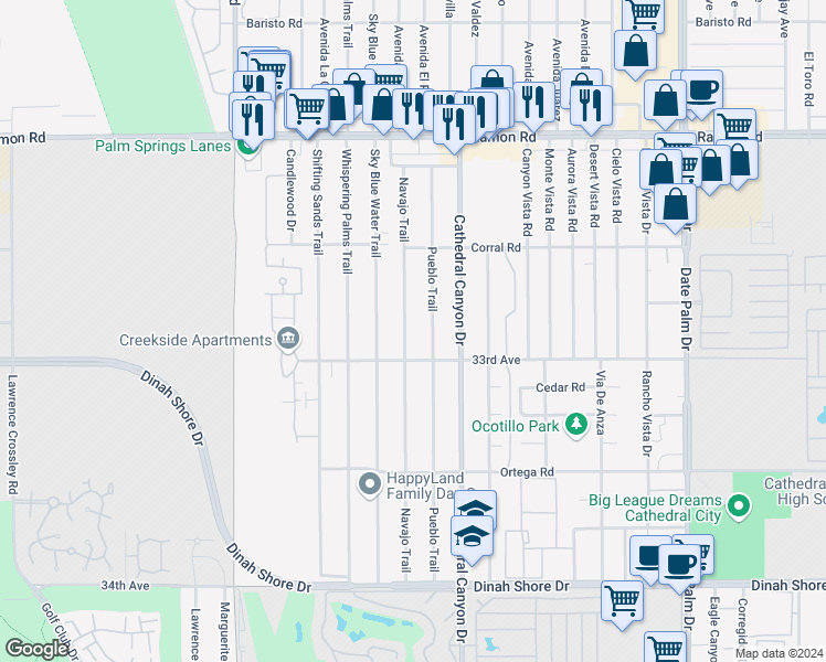 map of restaurants, bars, coffee shops, grocery stores, and more near 32813 Navajo Trail in Cathedral City