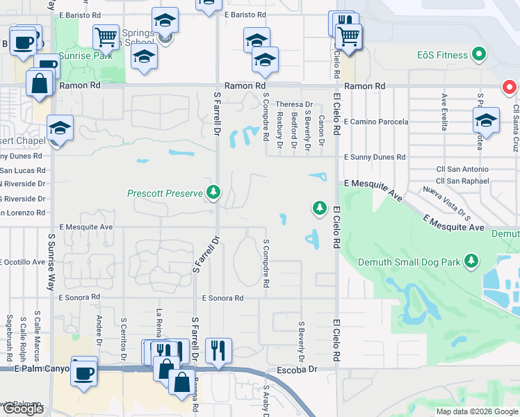 map of restaurants, bars, coffee shops, grocery stores, and more near 2700 East Mesquite Avenue in Palm Springs