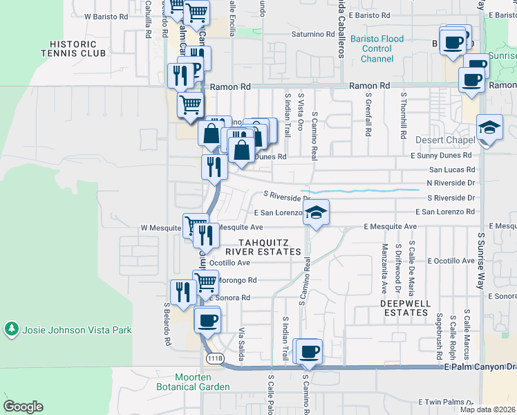 map of restaurants, bars, coffee shops, grocery stores, and more near 605 South Riverside Drive in Palm Springs