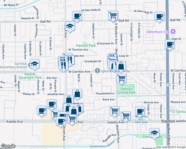 map of restaurants, bars, coffee shops, grocery stores, and more near 7232 West Cerritos Avenue in Stanton