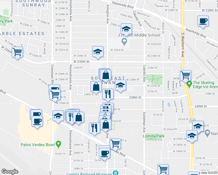 map of restaurants, bars, coffee shops, grocery stores, and more near in Torrance