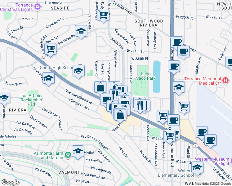 map of restaurants, bars, coffee shops, grocery stores, and more near 4226 West 238th Street in Torrance
