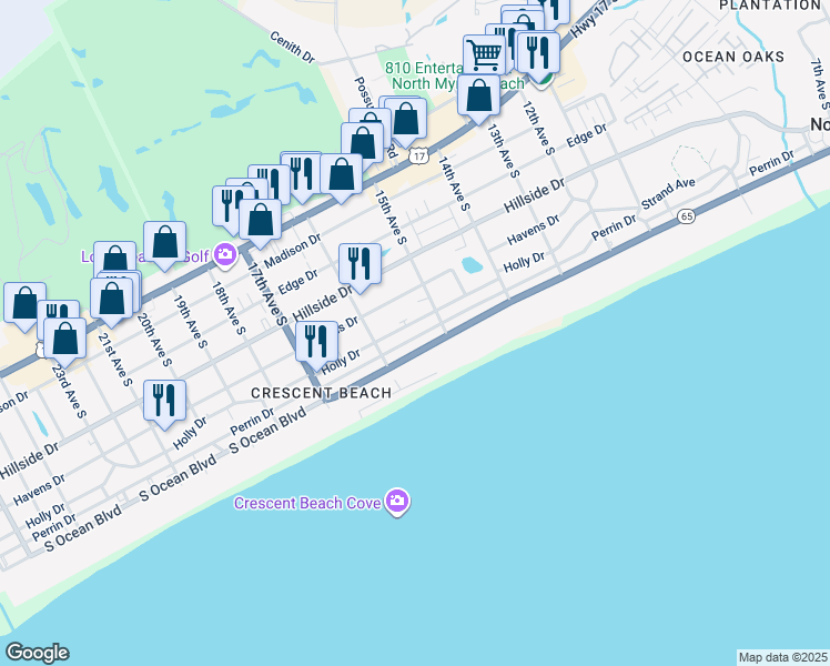 map of restaurants, bars, coffee shops, grocery stores, and more near 1510 Holly Drive in North Myrtle Beach