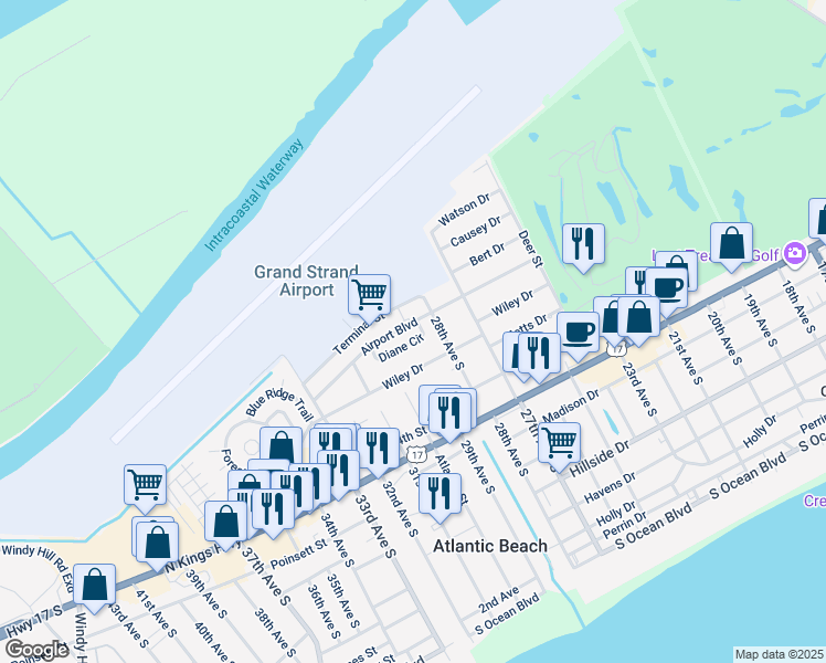 map of restaurants, bars, coffee shops, grocery stores, and more near 2812 Airport Boulevard in North Myrtle Beach