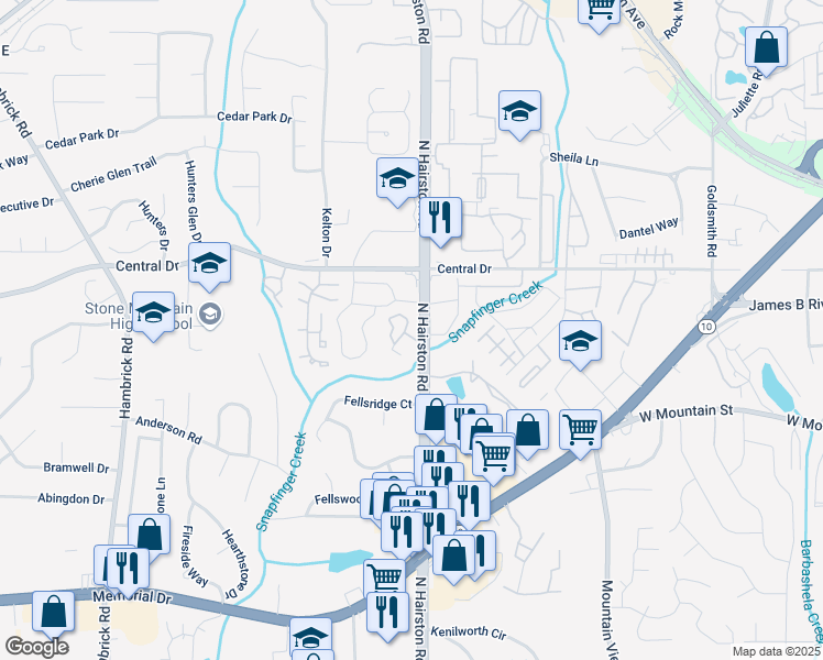 map of restaurants, bars, coffee shops, grocery stores, and more near 1044 Mariners Court in Stone Mountain