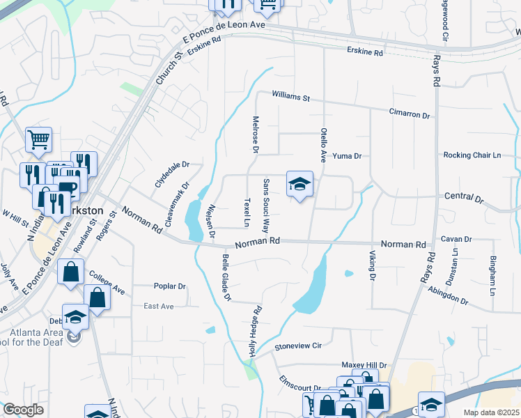 map of restaurants, bars, coffee shops, grocery stores, and more near 1046 Sans Souci Way in Clarkston