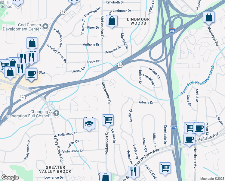 map of restaurants, bars, coffee shops, grocery stores, and more near 1049 McLendon Drive in Decatur