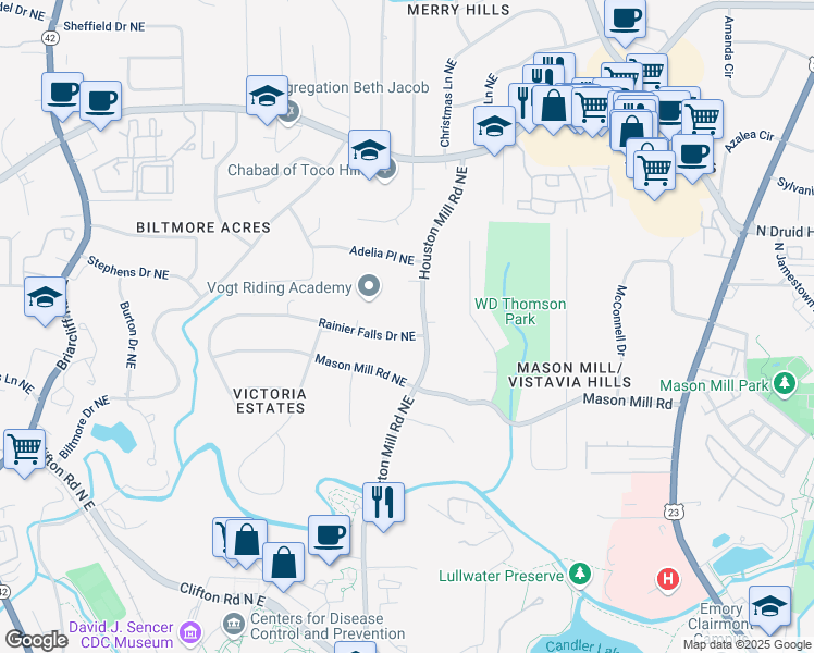 map of restaurants, bars, coffee shops, grocery stores, and more near 1662 Rainier Falls Drive Northeast in Atlanta