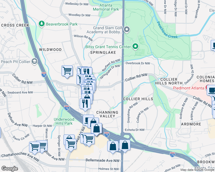 map of restaurants, bars, coffee shops, grocery stores, and more near 2045 Springlake Court Northwest in Atlanta