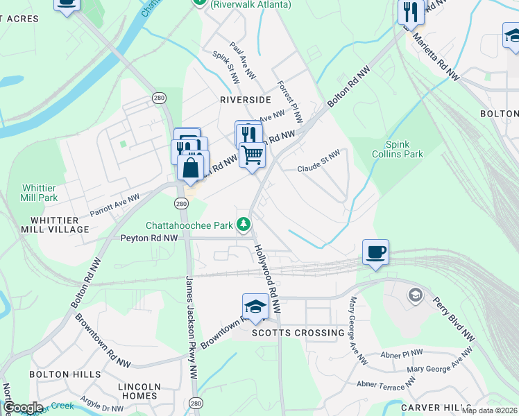 map of restaurants, bars, coffee shops, grocery stores, and more near 1994 Main Street Northwest in Atlanta