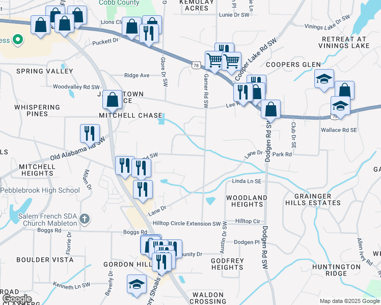 map of restaurants, bars, coffee shops, grocery stores, and more near 386 Gresham Road Southwest in Mableton