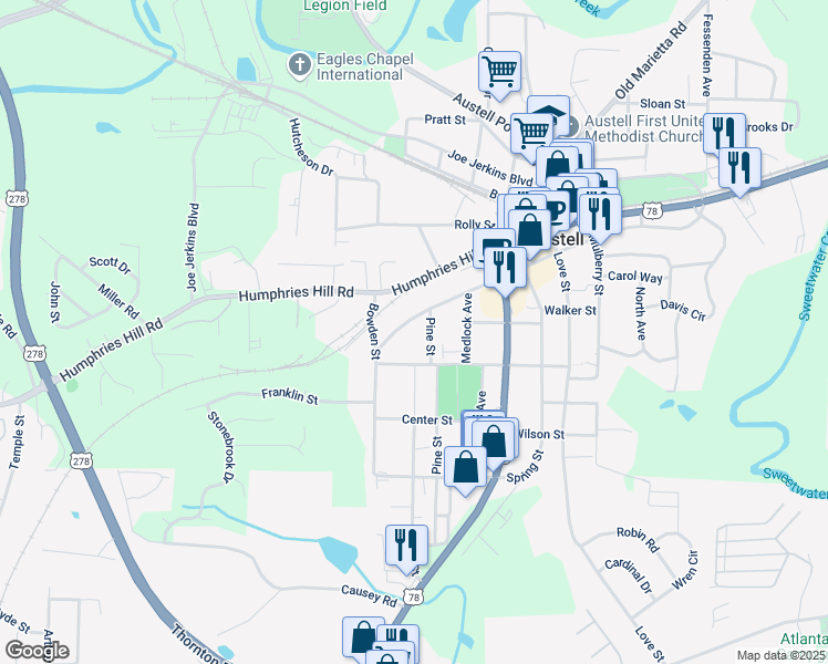 map of restaurants, bars, coffee shops, grocery stores, and more near 2949 Jefferson Street in Austell