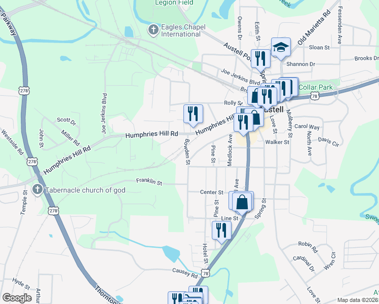 map of restaurants, bars, coffee shops, grocery stores, and more near 2978 Jefferson Street in Austell