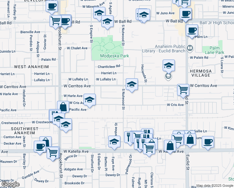 map of restaurants, bars, coffee shops, grocery stores, and more near 1916 West Harle Avenue in Anaheim