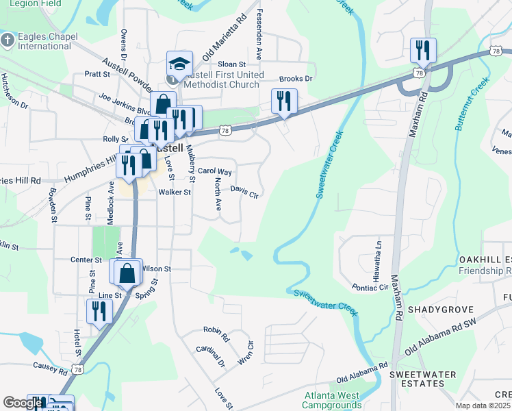 map of restaurants, bars, coffee shops, grocery stores, and more near 2565 Davis Circle in Austell