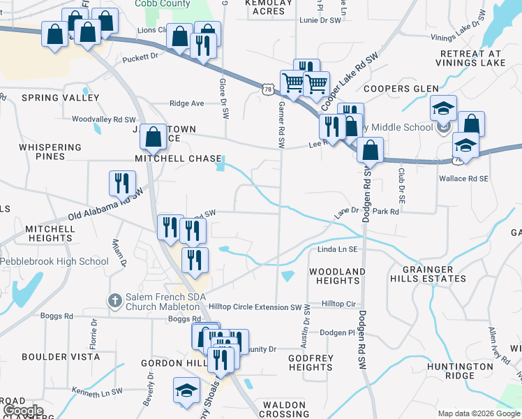 map of restaurants, bars, coffee shops, grocery stores, and more near 386 Gresham Road Southwest in Mableton