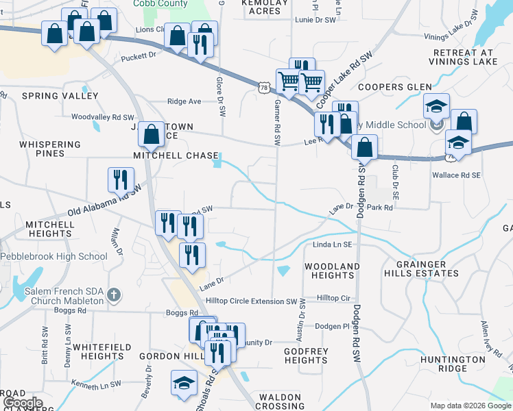 map of restaurants, bars, coffee shops, grocery stores, and more near 386 Gresham Road Southwest in Mableton