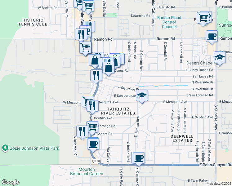 map of restaurants, bars, coffee shops, grocery stores, and more near 588 East San Lorenzo Road in Palm Springs