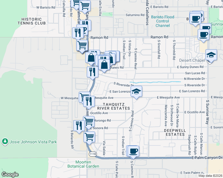 map of restaurants, bars, coffee shops, grocery stores, and more near 605 South Riverside Drive in Palm Springs