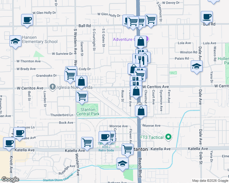 map of restaurants, bars, coffee shops, grocery stores, and more near 10526 Carrotwood Way in Stanton