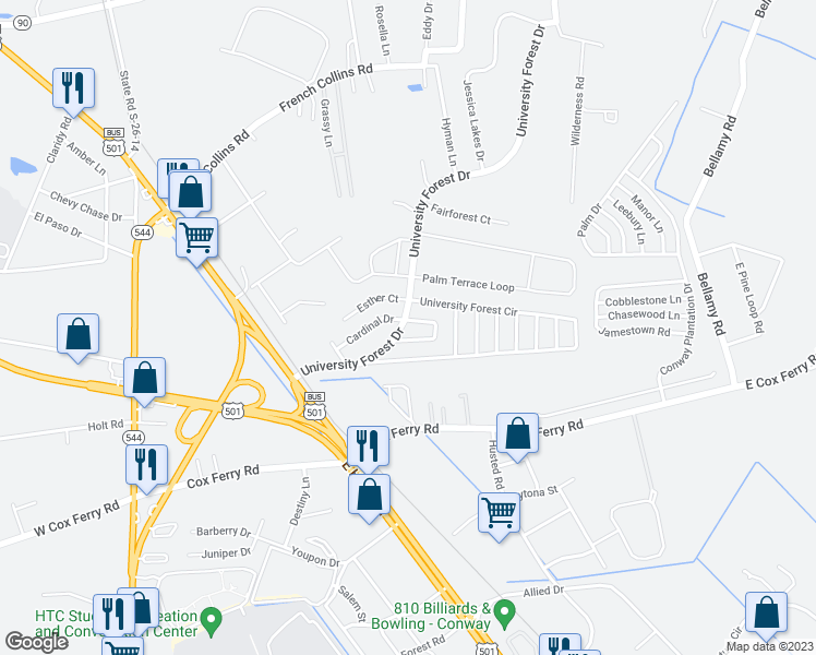 map of restaurants, bars, coffee shops, grocery stores, and more near 523 University Forest Drive in Conway