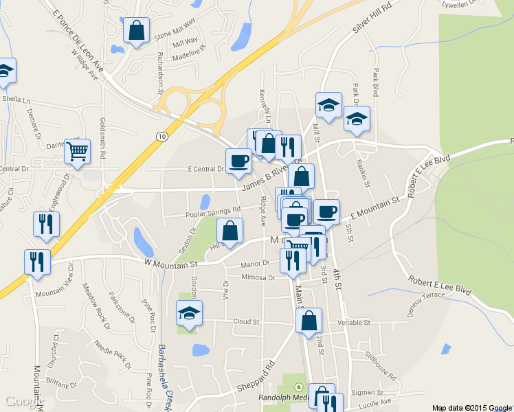 map of restaurants, bars, coffee shops, grocery stores, and more near 5290 Poplar Springs Rd in Stone Mountain