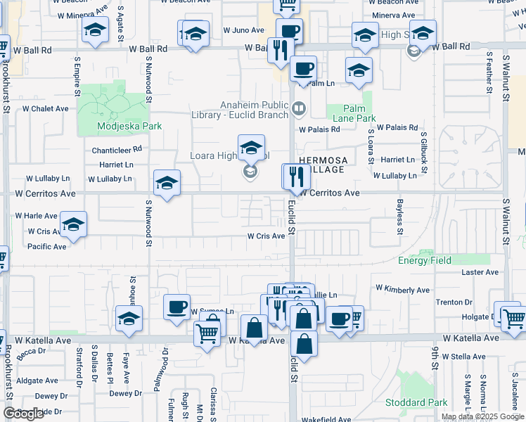 map of restaurants, bars, coffee shops, grocery stores, and more near 1700 West Cerritos Avenue in Anaheim