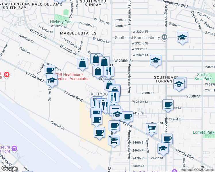 map of restaurants, bars, coffee shops, grocery stores, and more near 2510 West 237th Street in Torrance