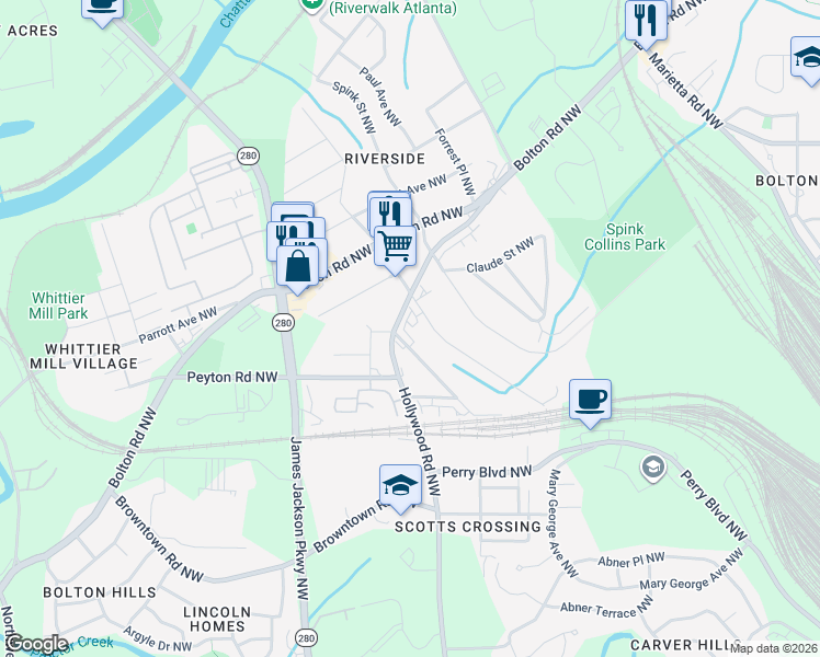 map of restaurants, bars, coffee shops, grocery stores, and more near 1994 Main Street Northwest in Atlanta